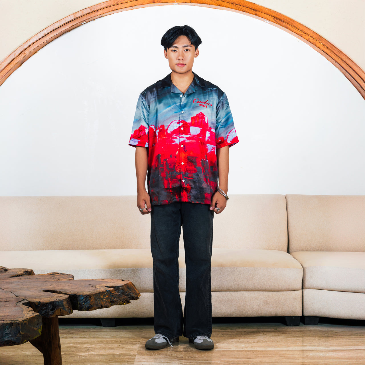 CONTEMPORARY ABSTRACT SWISS SATIN SHIRT